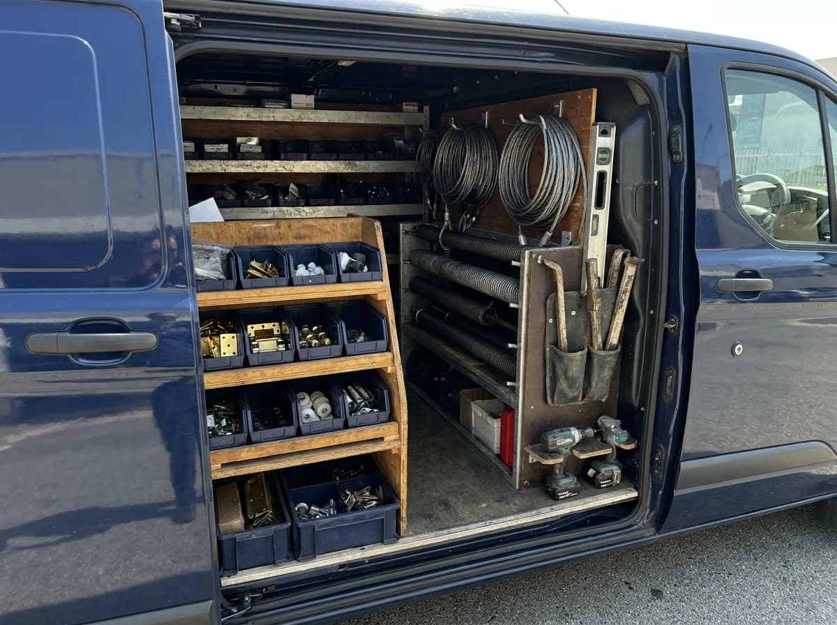 The organised interior of a garage door service van with torsion springs, rollers, cables and winding bars