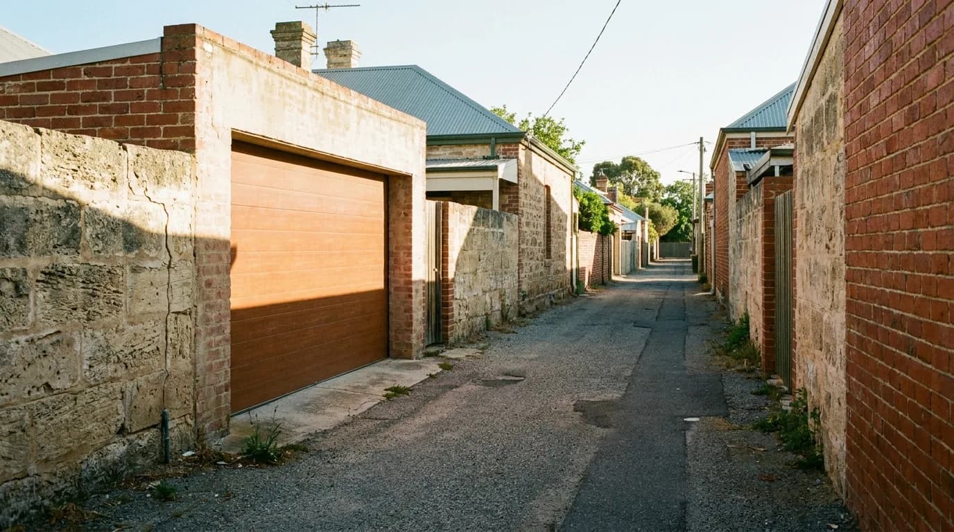 A single-width timber-look garage door on a rear-laneway garage behind a Federation cottage
