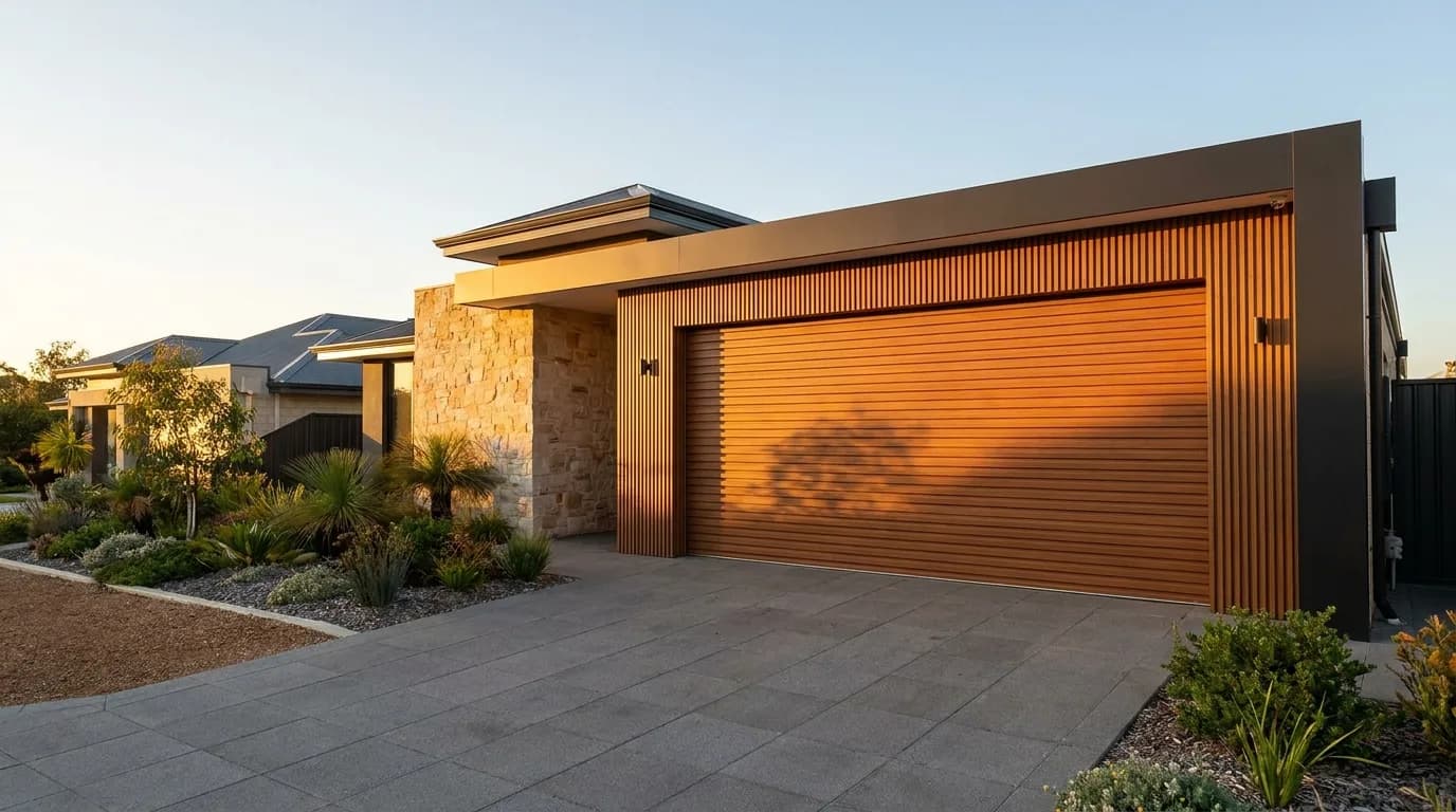 A wide timber-look batten garage door on a contemporary Perth home at golden hour