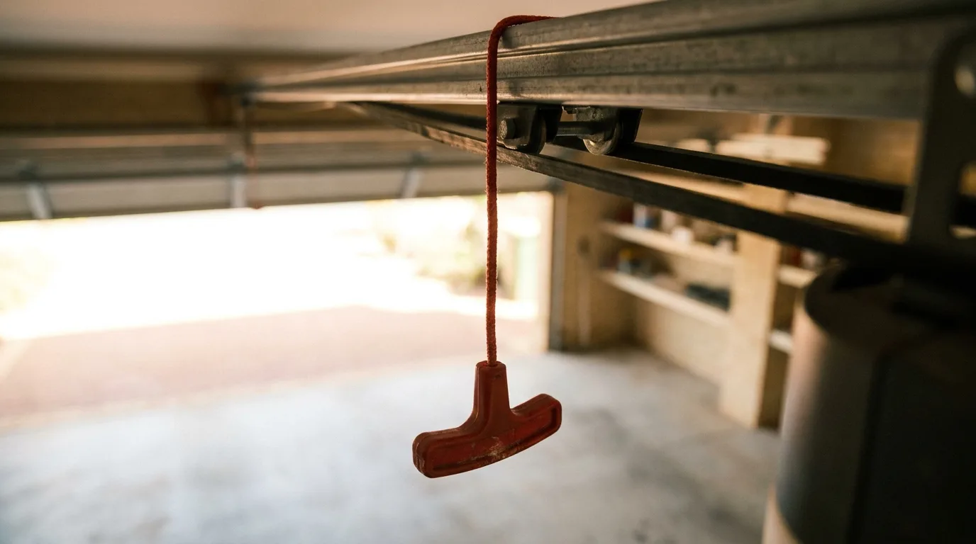 A manual release cord hanging from a garage door opener rail inside a Perth garage