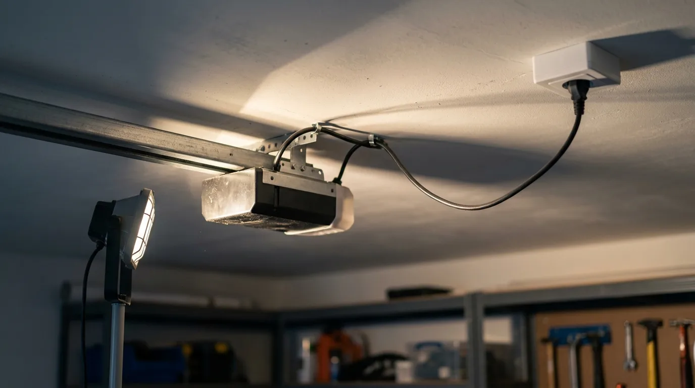 A garage door opener head unit plugged into an existing power point on a garage ceiling