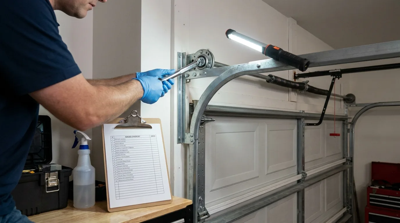 A technician's gloved hands checking the end bearing plate and torsion shaft of a domestic garage door