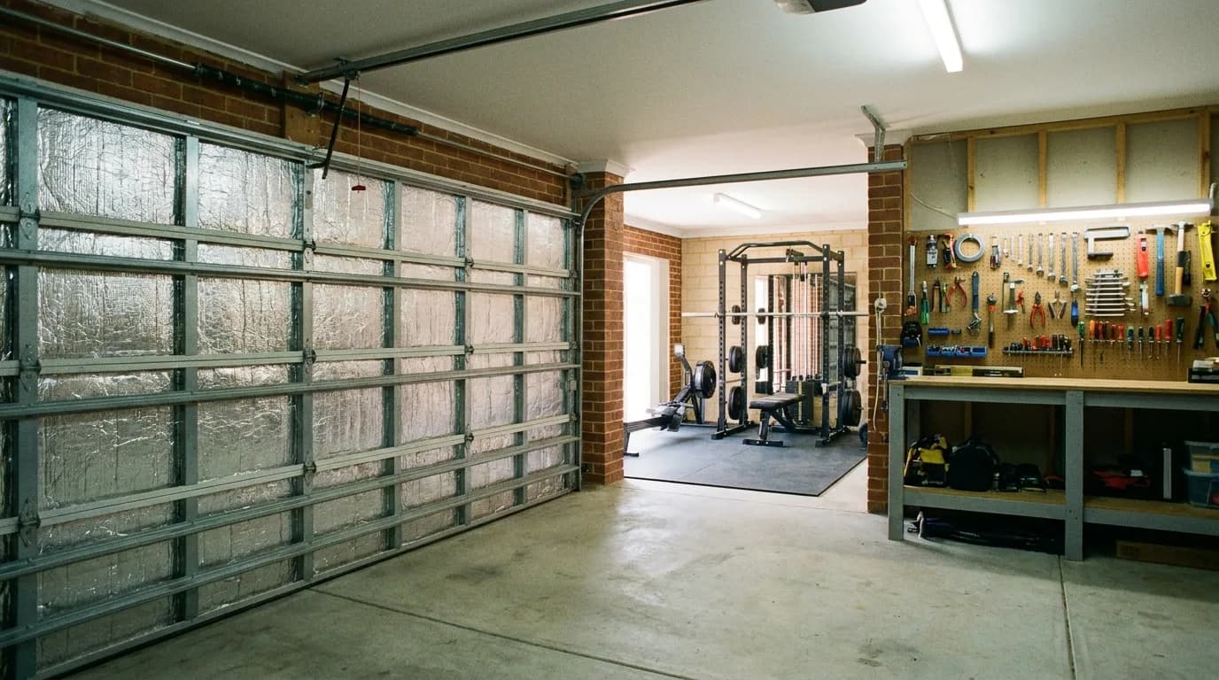 The inside face of an insulated sectional garage door in a Perth garage used as a workshop