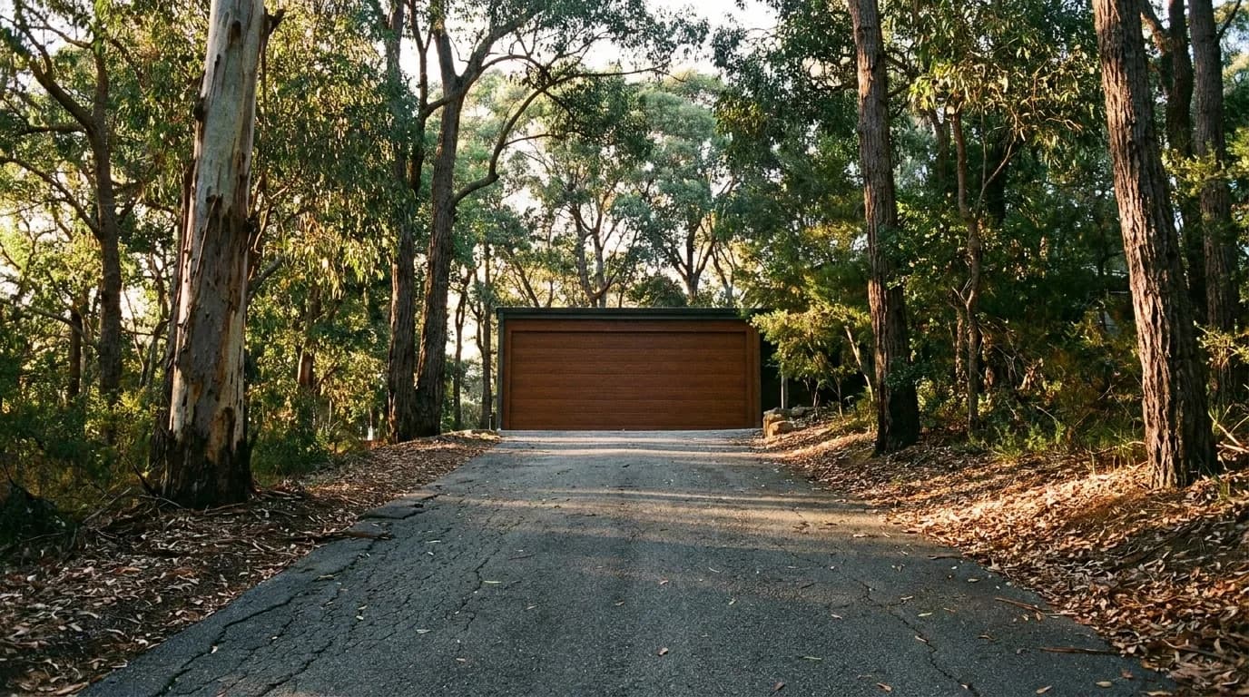 A wide timber-look garage door at the top of a steep sealed driveway on a jarrah bush block