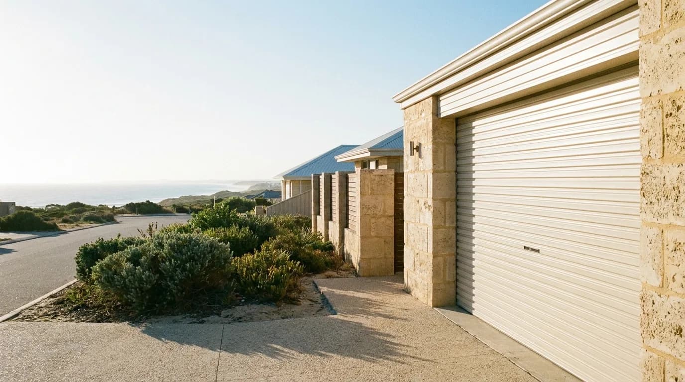 A coastal-grade roller door on a Perth beachside home with limestone walls and coastal scrub