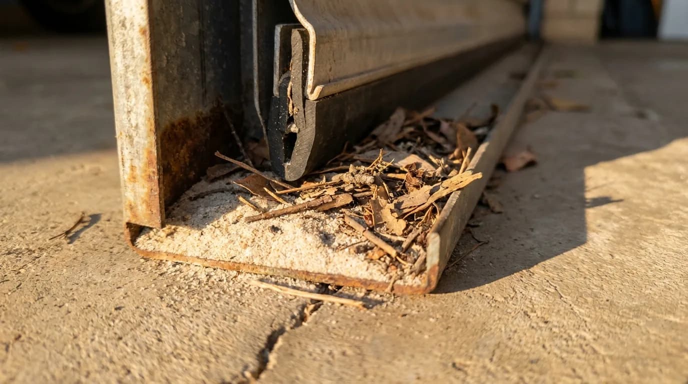 Sand and leaf litter built up in the bottom channel of a roller door guide