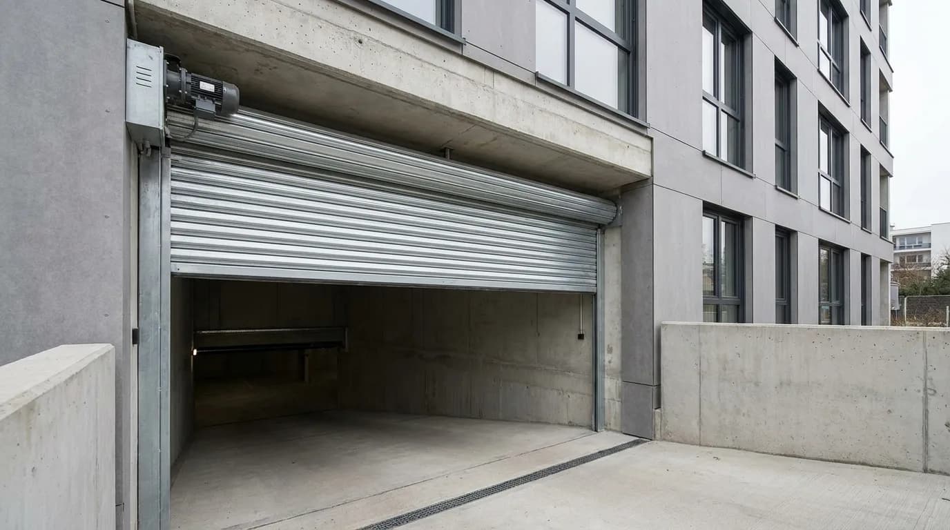 A wide security roller shutter at the basement car park entrance of a Perth apartment building