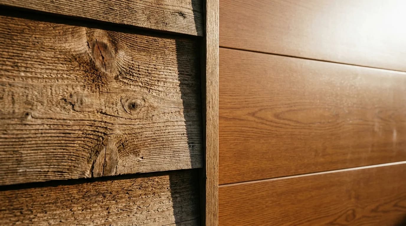 Close comparison of a real cedar garage door panel beside a timber-look aluminium panel in Perth light