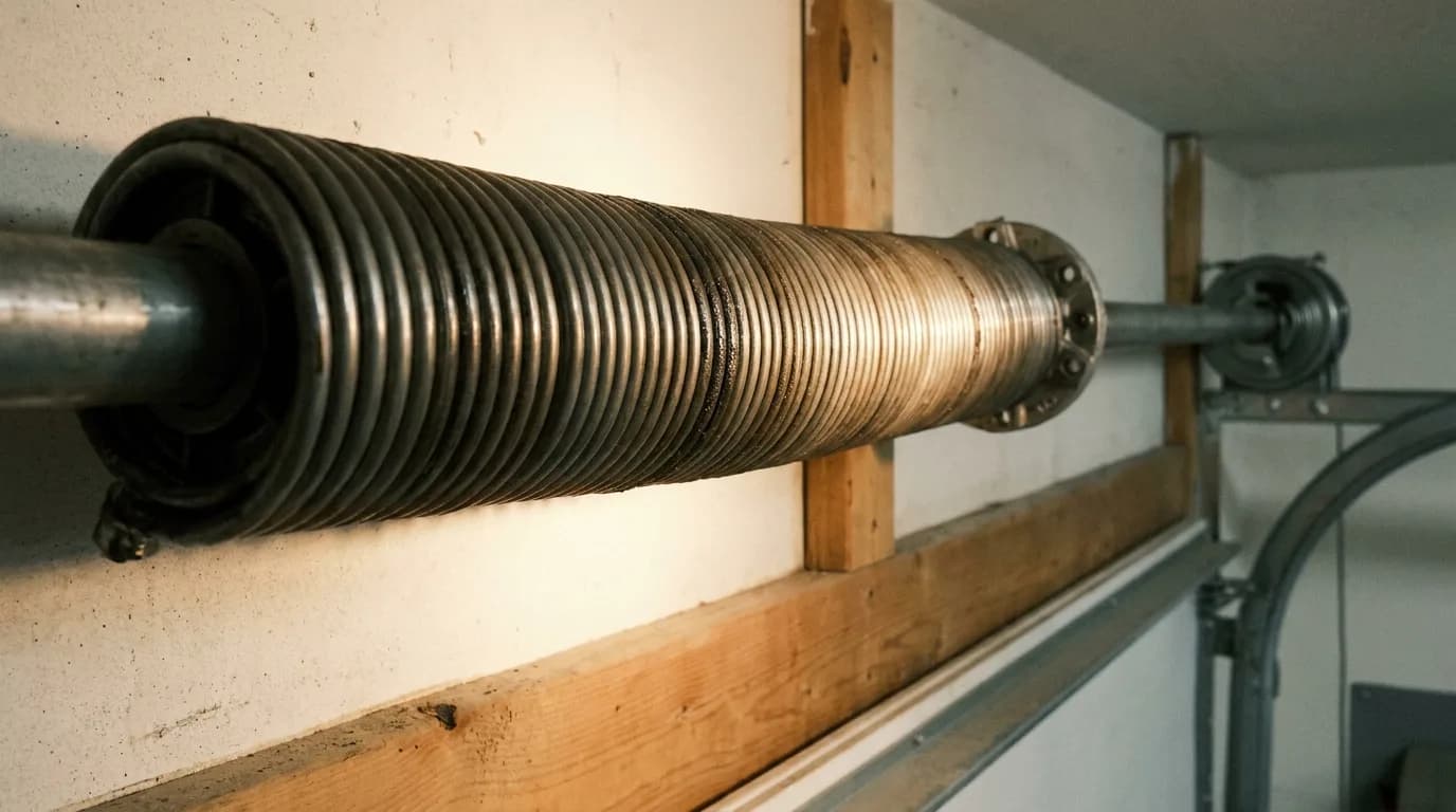 A torsion spring and shaft above a wide garage door opening with a work light raking across it